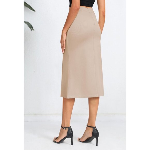 Women's Khaki Stretch Office Fishtail Pencil High Waist Bodycon Slit Midi Skirt - Picture 5 of 6